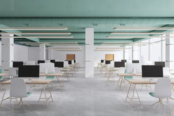 Contemporan Birou Coworking Din Beton Lemn Sau Interior Clasă Echipamente — Fotografie, imagine de stoc