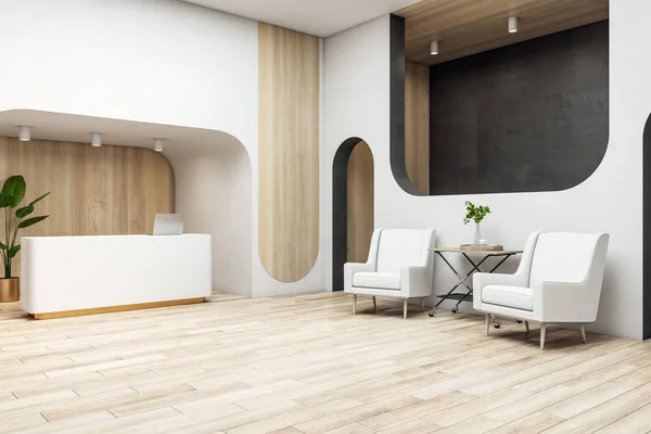 Moderne Büroeinrichtung Aus Holz Mit Rezeption Wartebereich Und Lobby Konzept — Stockfoto