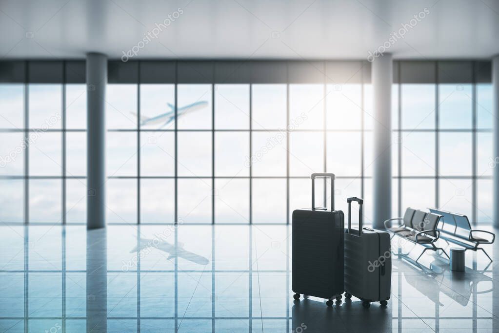 Suitcases in creative airport interior with panoramic city view and sunlight. Travel concept. 3D Rendering