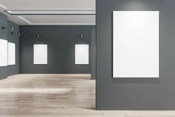 Light gallery interior with empty white posters, mock up place and wooden flooring. Mock up, 3D Rendering