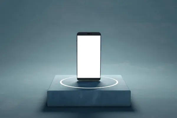 Close up of blank white smartphone on concrete pedestal. Technology and device presentation concept. Mock up, 3D Rendering