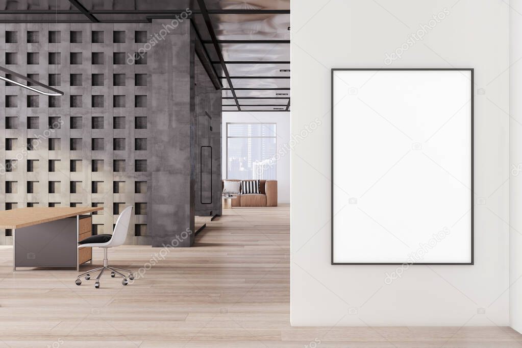 Modern conference room interior with empty white mock up poster, furniture and window with city view and daylight. Wooden concrete floor and wall, partition, design concept. 3D Rendering