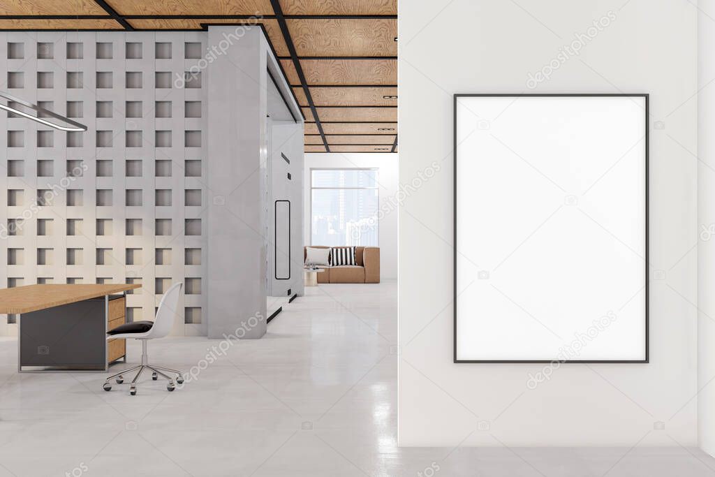 Modern conference room interior with empty white mock up banner, furniture and window with city view and daylight. Wooden concrete floor and wall, partition, design concept. 3D Rendering