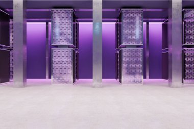 Clean purple server room interior. Database and technology concept. 3D Rendering clipart