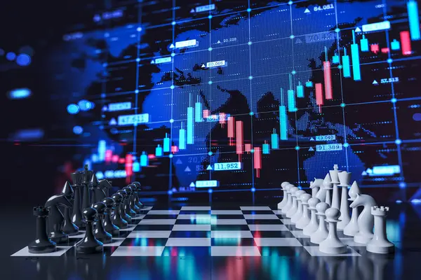 Abstract image with chessboard and growing global digital forex chart on blue background. Strategy, politics and finance concept. 3D Rendering