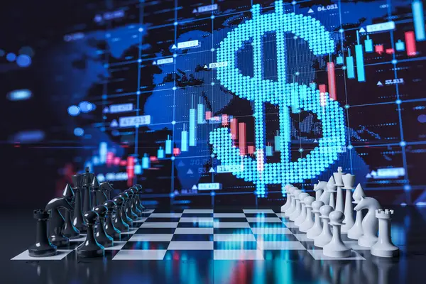 Abstract image with chessboard and growing digital dollar forex chart on blue background. Strategy, politics and finance concept. 3D Rendering