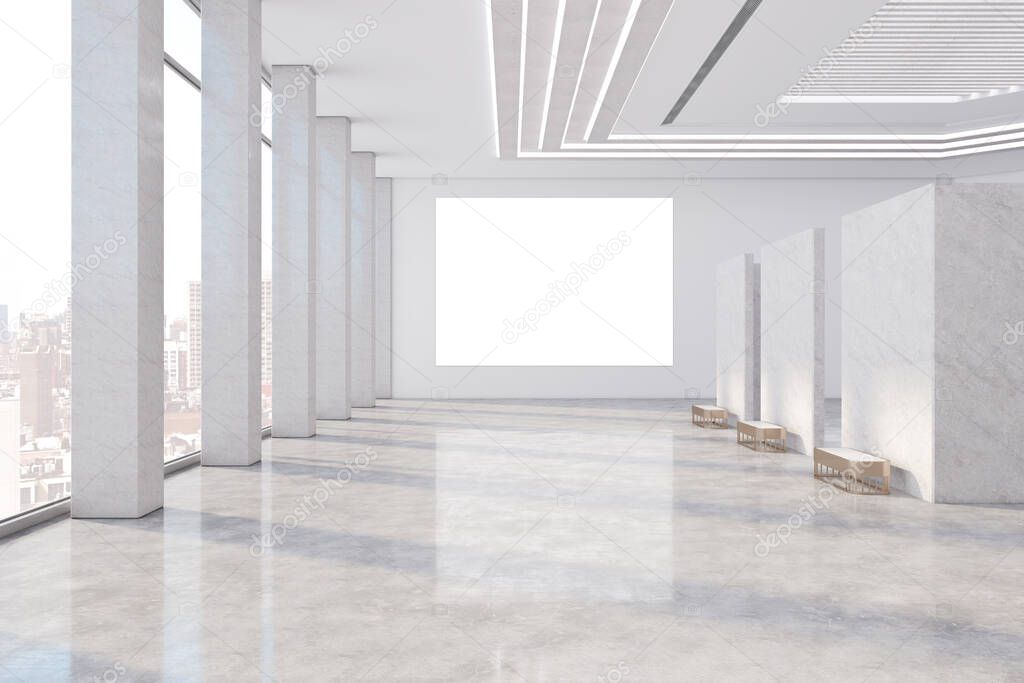 Simple light concrete public gallery with window city view and empty mock up poster for your advertisement. 3D Rendering
