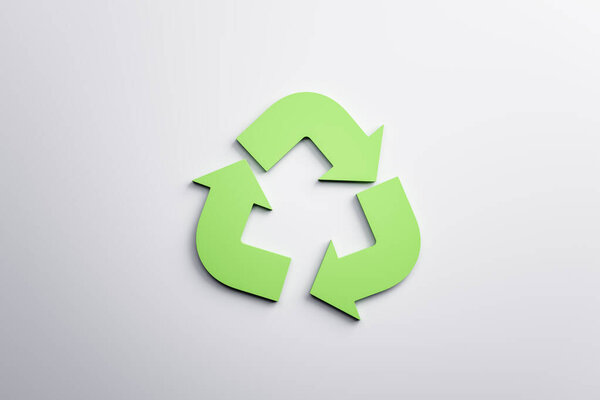 Зеленый знак переработки на белом фоне. Концепция повторного использования и отходов. 3D рендеринг