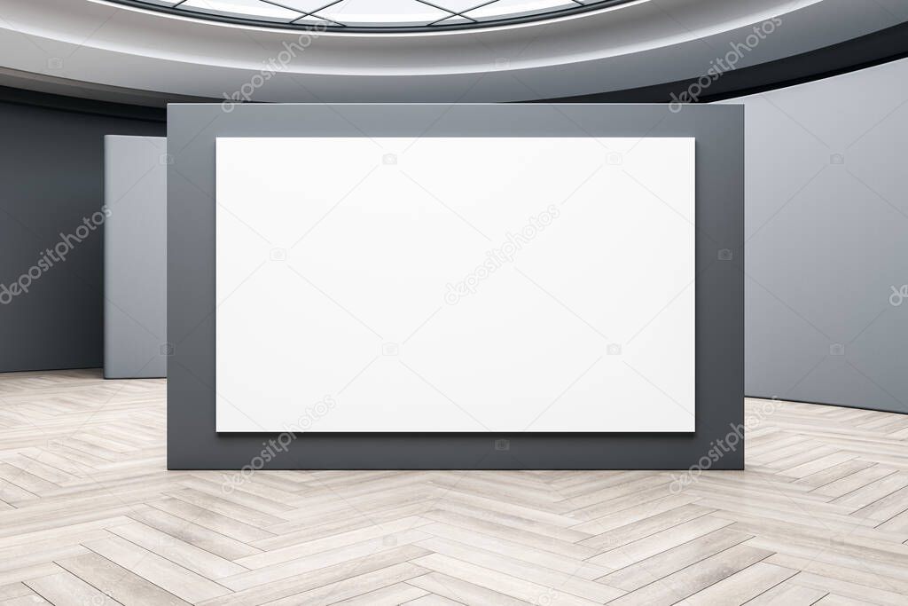 Empty white billboard in exhibition hall interior with wooden flooring mock up place. Gallery concept. 3D Rendering