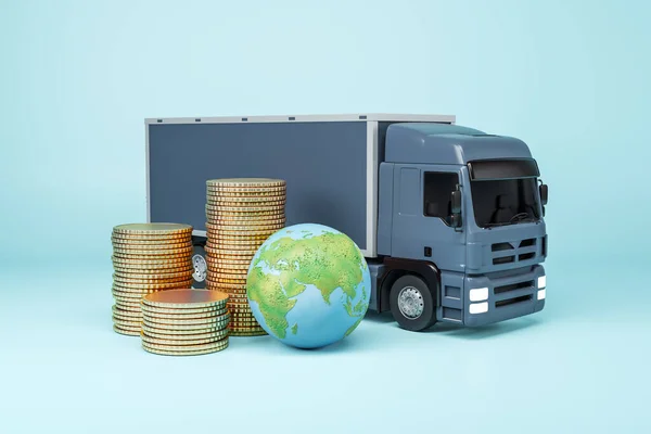 Creative image with blue transportation truck, globe and stacked coins on light background. Delivery and logistics crisis. 3D Rendering