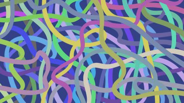 Kaotik dalgalı çizgilerin komik yatay arka planı. Renkli desen. Sarı, mavi, pembe, yeşil karalama. Doodle tarzı. Stok vektör illüstrasyonu.