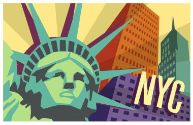Illustrated travel poster of NYC and Statue of Liberty clipart