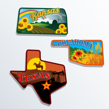 Retro state shape illustrations of Kansas, Oklahoma, and Texas