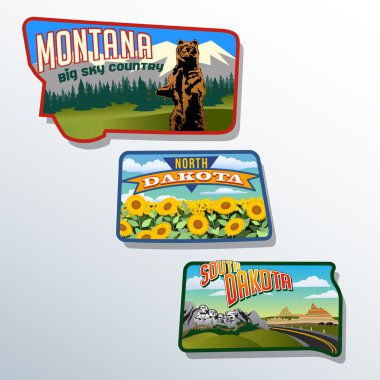 Retro devlet şekli illüstrasyonlar montana Kuzey dakota ve Güney dakota