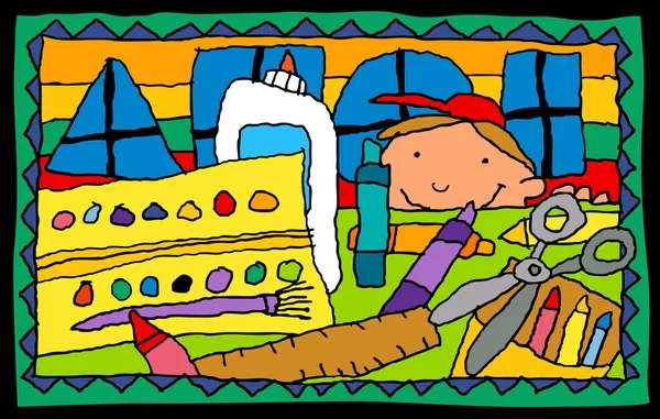 Illustration enfant d'une classe d'art avec fournitures scolaires — Image vectorielle