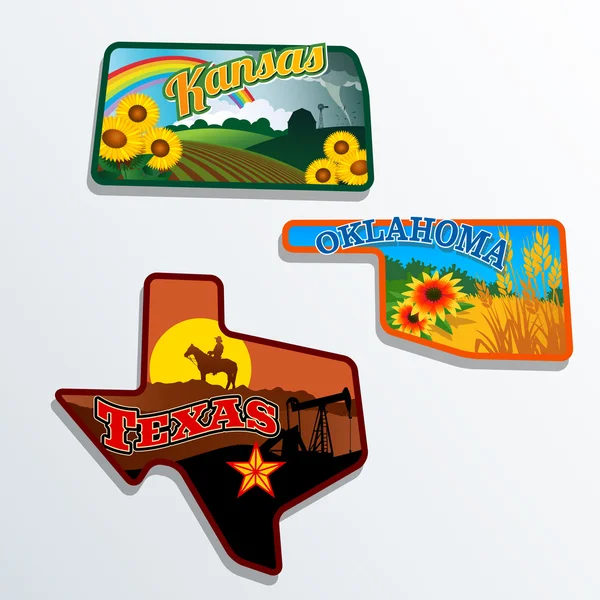 Ilustraciones en forma de estado retro de Kansas, Oklahoma y Texas — Vector de stock