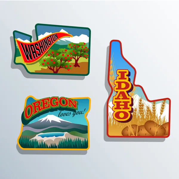 Northwest United States Idaho, Oregon, Washington retro sticker patch designs — Stock Vector