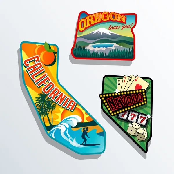 Northwest United States California Nevada Oregon pegatinas retro — Vector de stock