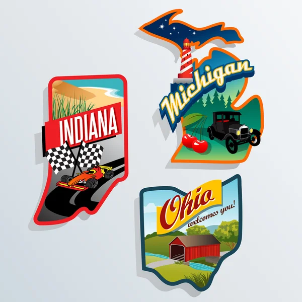 Illustrations d'État américaines rétro Indiana, Ohio, Michigan — Image vectorielle