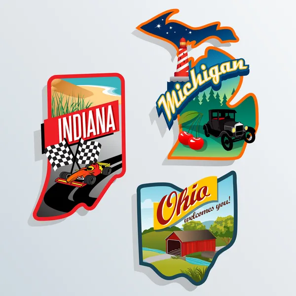 Retro Estados Unidos ilustraciones Indiana, Ohio, Michigan — Vector de stock