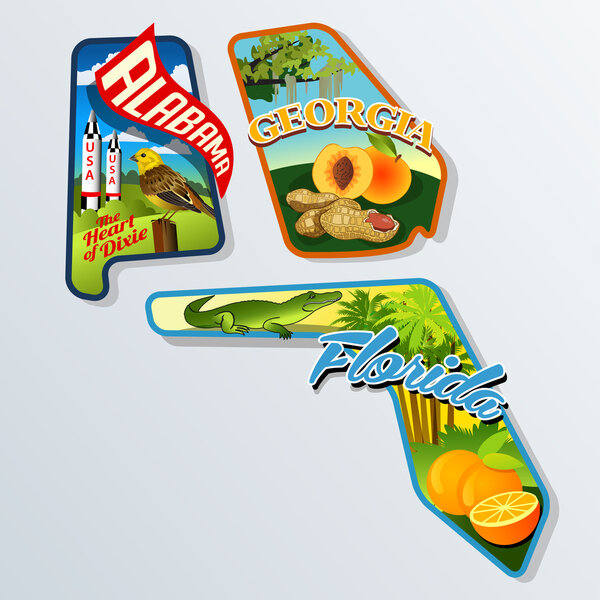 Retro suitcase stickers of united States Alabama, Georgia, Florida