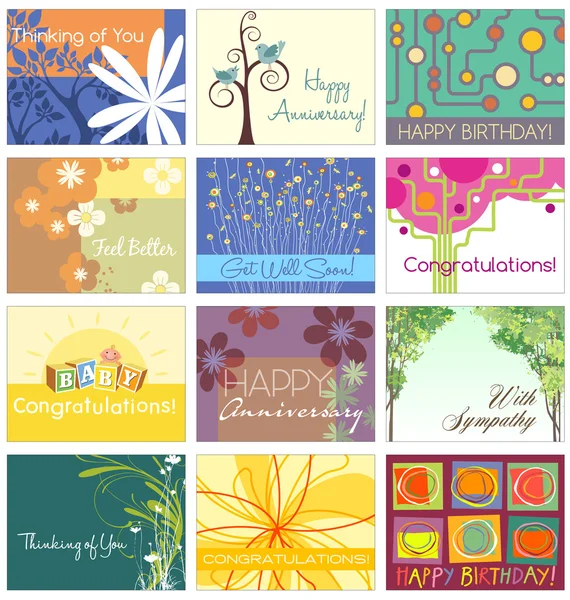 Todas las tarjetas de felicitación ocasión 12 diseños — Archivo Imágenes Vectoriales