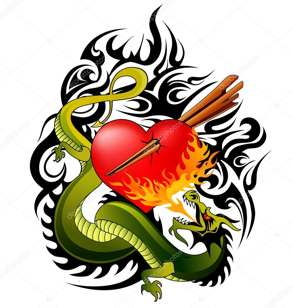 Dragon and heart tattoo design vector