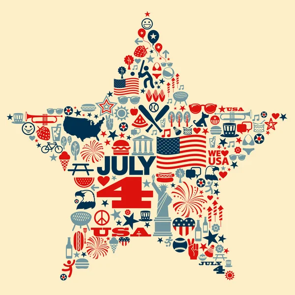 4 de julio iconos símbolos collage T-shirt design — Vector de stock