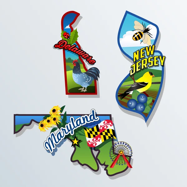 New Jersey, Delaware, Maryland retro state facts Ilustraciones — Archivo Imágenes Vectoriales