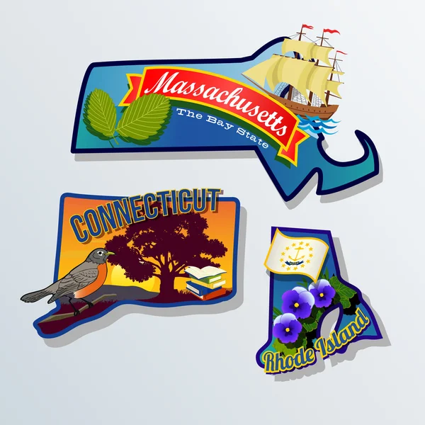 Massachusetts, Connecticut, Rhode Island retro state facts Ilustraciones — Vector de stock