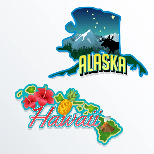 Alaska, hawaii retro staat feiten illustraties — Stockvector