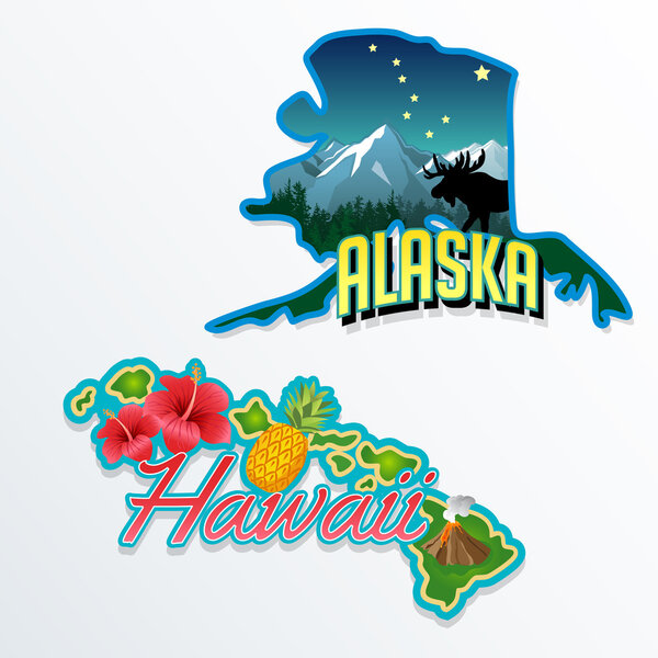 Alaska, Hawaii retro state facts illustrations