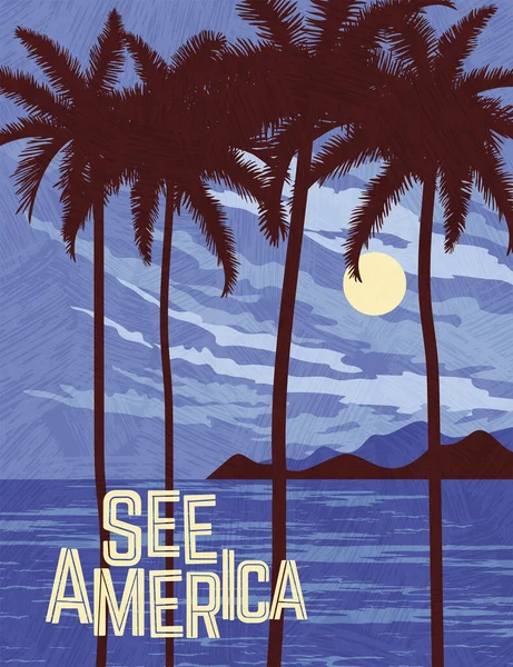 Utazási Plakát Sablonja Trópusi Paradicsom Pálmafák Sziluettje Holdfényben Gradient Szabad — Stock Vector