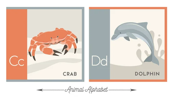 Illustriertes Alphabet Mit Tieren Für Kinder Buchstabe Für Krabbe Und — Stockvektor