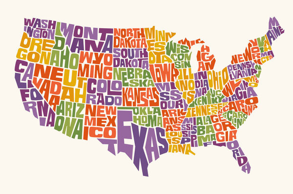 United States map with names in the shape of each state. Colorful map design elements for stickers, t-shirts, posters. Vector Illustration.
