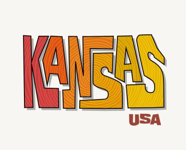 Kansas eyaleti, adı eyalet şekline bürünmüş. Çıkartmalar, tişörtler, posterler, sosyal medya ve basılı medya için pop sanat tarzı vektör illüstrasyonu.