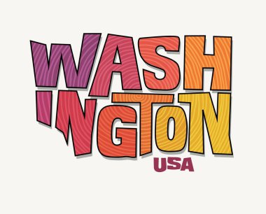 Washington eyaleti, ismi eyalet şekline bürünmüş. Çıkartmalar, tişörtler, posterler, sosyal medya ve basılı medya için pop sanat tarzı vektör illüstrasyonu.