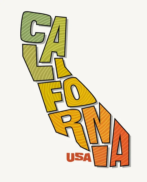 加利福尼亚州的名称扭曲成州的形状 用于贴纸 T恤衫 社交媒体和印刷媒体的流行艺术风格矢量插图 — 图库矢量图片