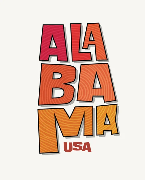 阿拉巴马州的名称被扭曲成州的形状 用于贴纸 T恤衫 社交媒体和印刷媒体的流行艺术风格矢量插图 — 图库矢量图片