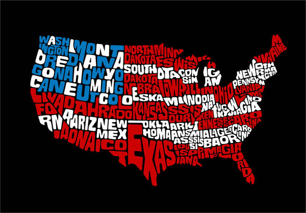 US map with state names in the shape of each state forming American flag design. For stickers, t-shirts, artwork, social media, posters.