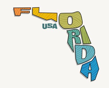 Florida eyaleti, ismi eyalet şekline bürünmüş. Çıkartmalar, tişörtler, posterler, sosyal medya ve basılı medya için pop sanat tarzı vektör illüstrasyonu.