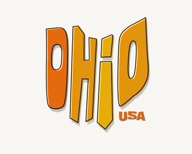 Ohio eyaleti, ismi eyalet şekline bürünmüş. Çıkartmalar, tişörtler, posterler, sosyal medya ve basılı medya için pop sanat tarzı vektör illüstrasyonu.