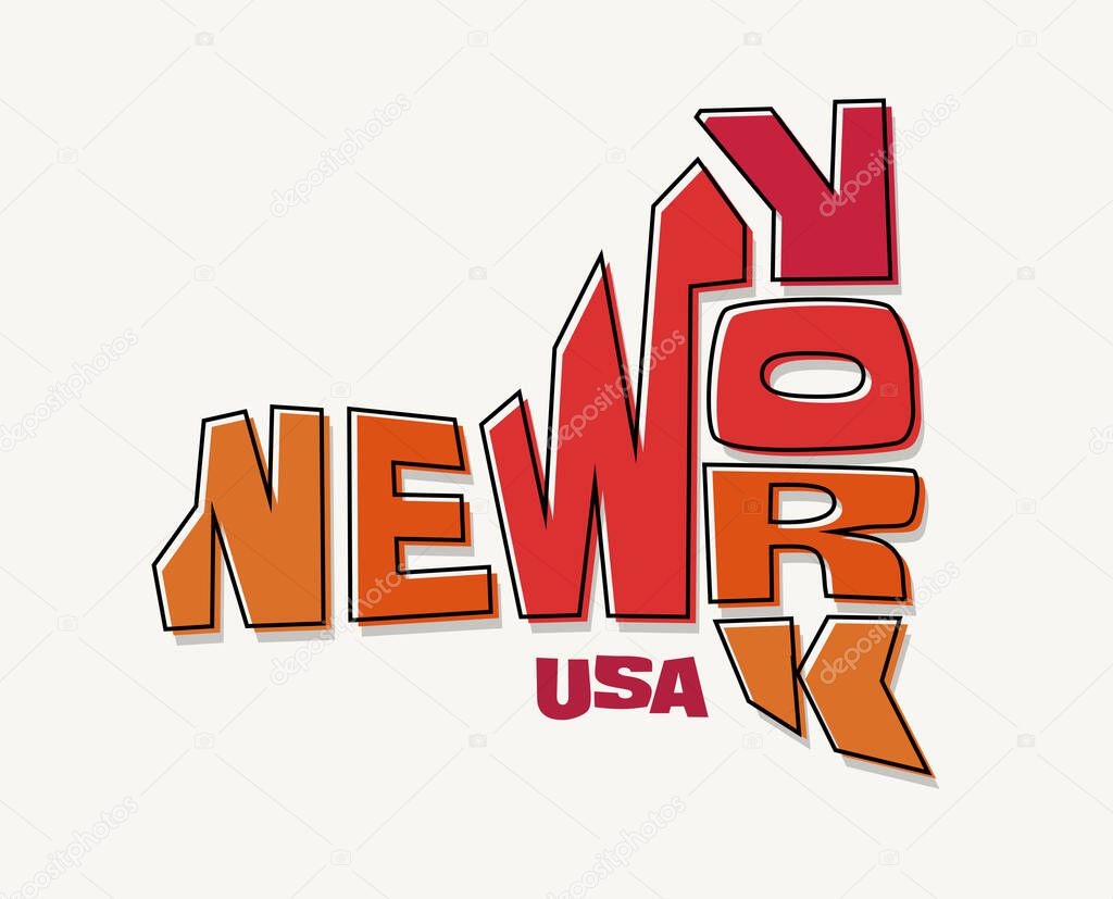 State of New York with the name distorted into state shape. Pop art style vector illustration for stickers, t-shirts, posters, social media and print media.