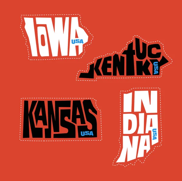 爱荷华州 肯塔基州 堪萨斯州 印第安纳州的名字扭曲为州的轮廓 用于贴纸 T恤衫 海报和社交媒体的流行艺术风格矢量插图 — 图库矢量图片