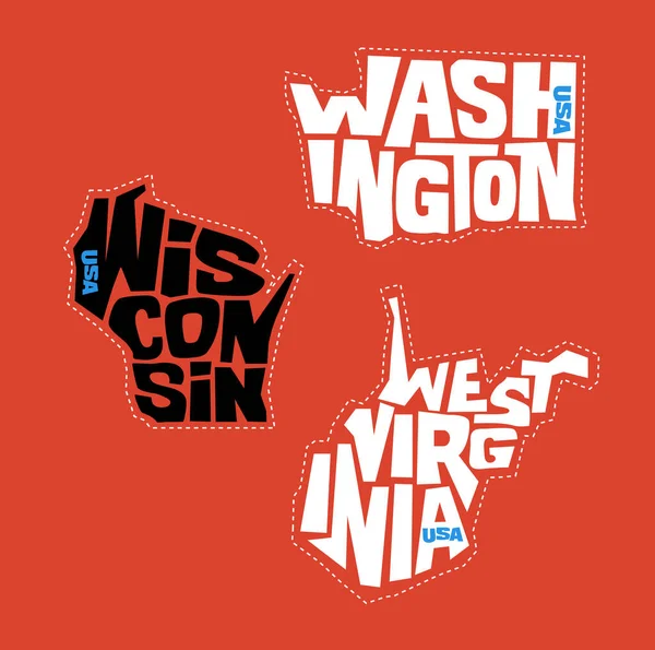 Washington Wisconsin West Virginia Staatsnamen Vervormd Staatscontouren Pop Art Stijl — Stockvector