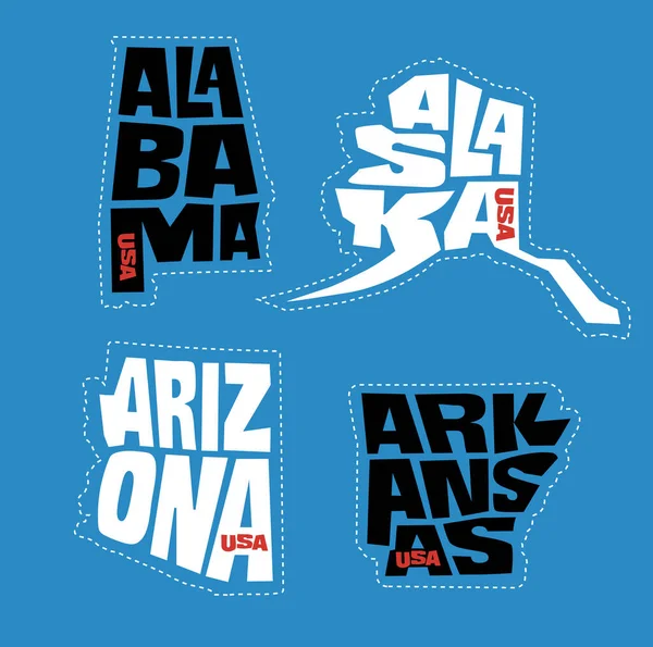 アラバマ州 アラスカ州 アリゾナ州 アーカンソー州の州名は州の輪郭に歪んでいる ステッカー Tシャツ ポスター ソーシャルメディアのためのポップアートスタイルのベクトルイラスト — ストックベクタ