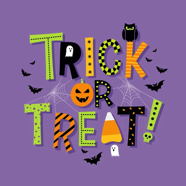 Decoratieve Halloween Truc Trakteer Typografie Met Geïllustreerde Halloween Elementen Voor — Stockvector