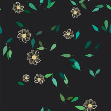 Çiçekleri ve yaprakları olan çiçeksiz bir arka plan, vektör çizimi.