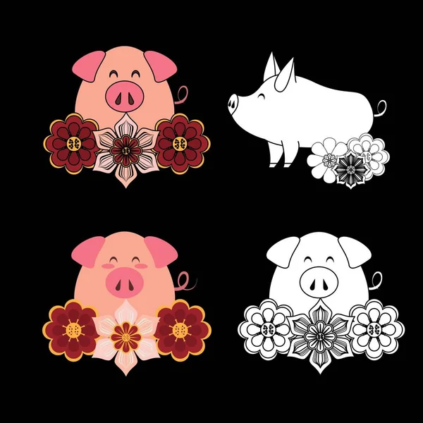 illustration of cute pig, chinese characters
