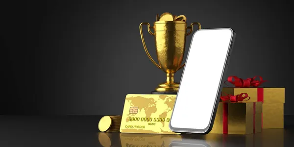ゴールドカップ コイン ギフトラップ 銀行カード付きの白い画面を持つスマートフォン オンラインカジノの勝利の概念 モバイルベット 3Dレンダリング — ストック写真